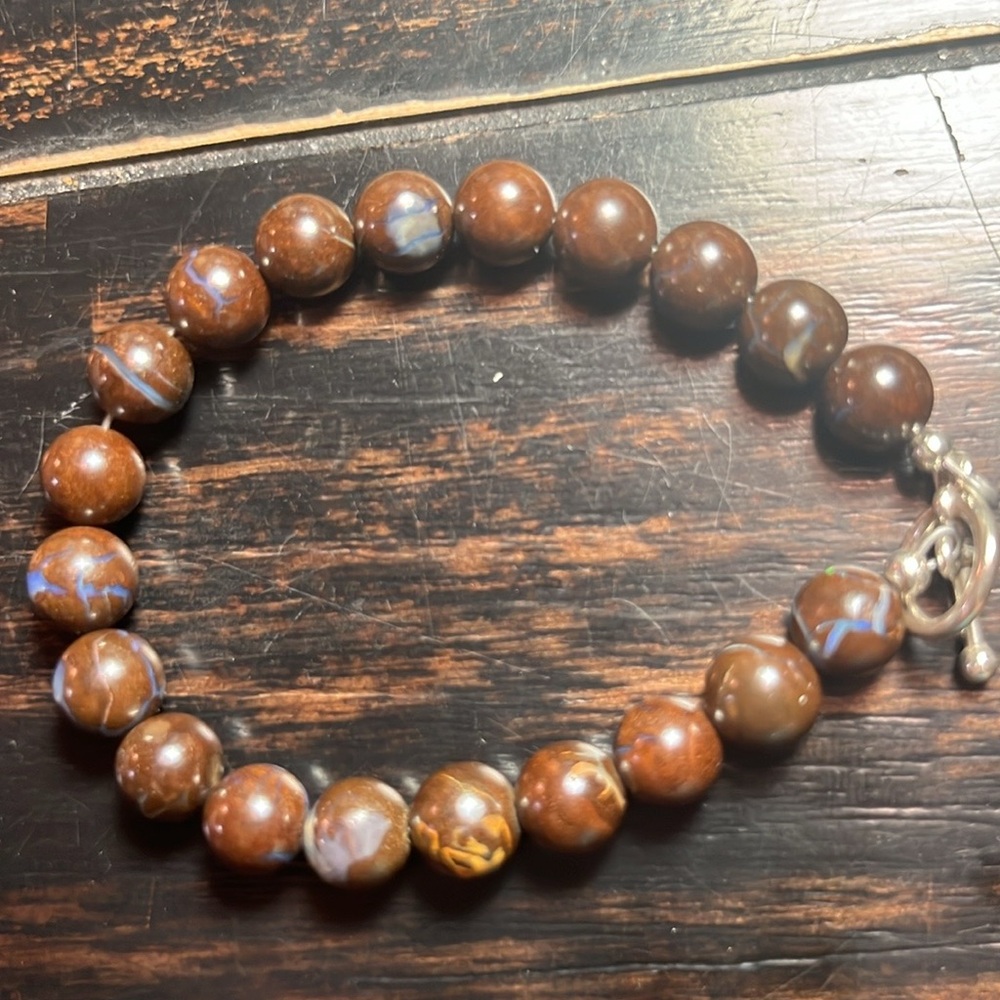 Australian Boulder opal bead bracelet 8mm handmade 925 silver toggle clasp